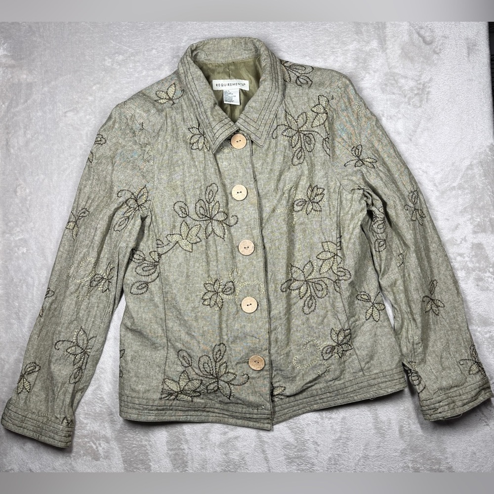 Vintage 90s Requirements Linen Cotton Blend Green Floral Embroidered Jacket XL